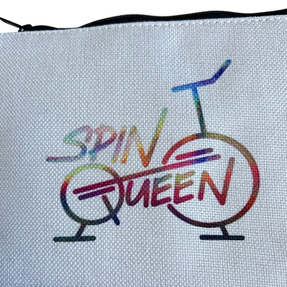 Colorful White Canvas Rainbow Spin Queen Cycle Cosmetic Makeup Bag Nwot View 6